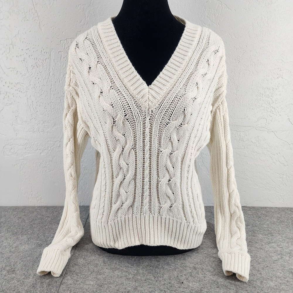Aeropostale White Cable Knit V-Neck Sweater Chunky Preppy Womens‎ Small